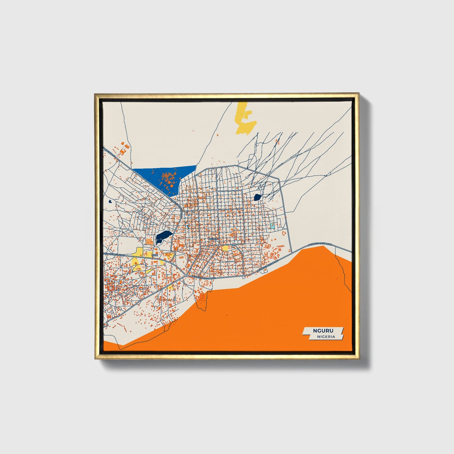 Nguru Nigeria Colorful City Map Canvas Print • Gold Framed