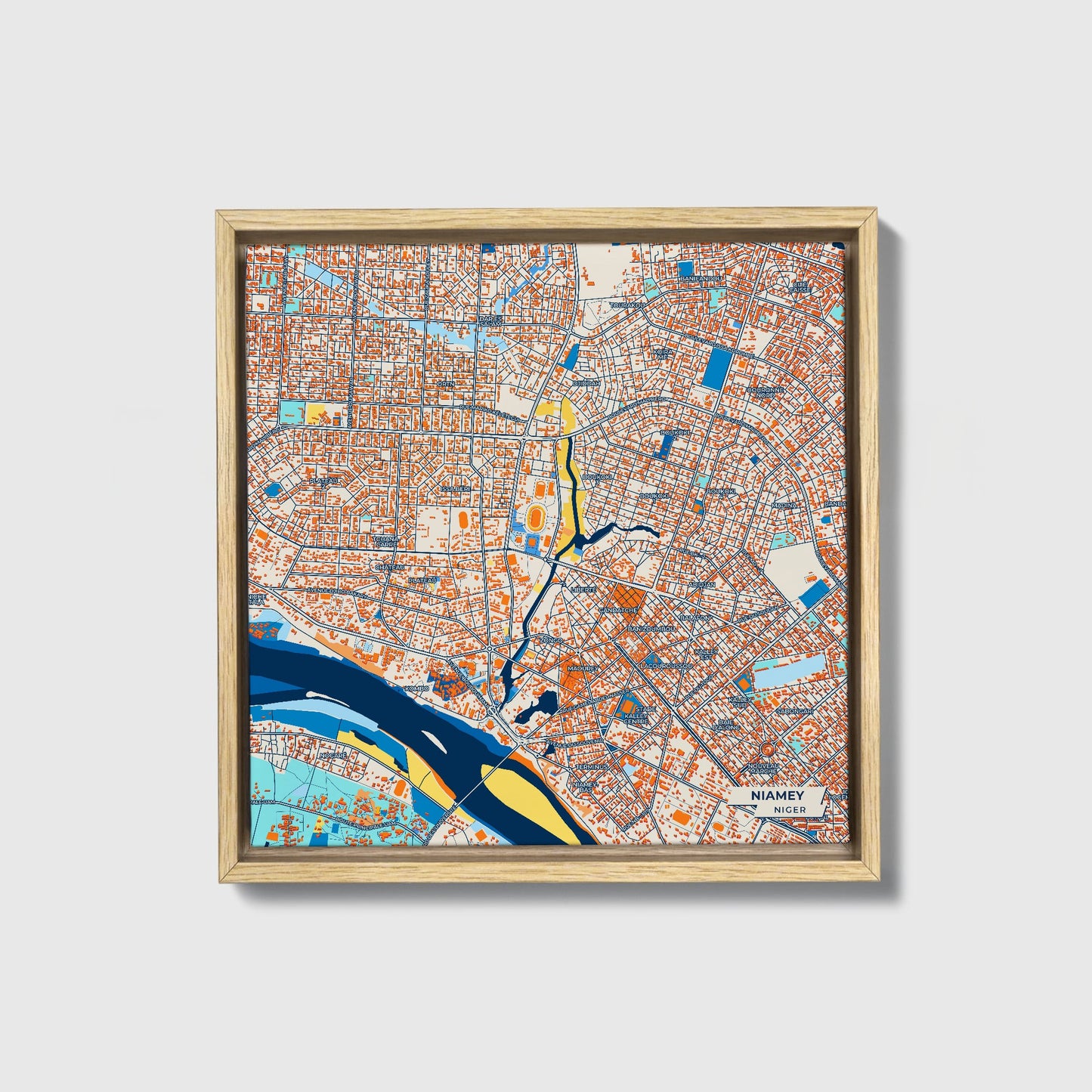 Niamey Niger Colorful City Map Canvas Print • Natural Wooden Framed