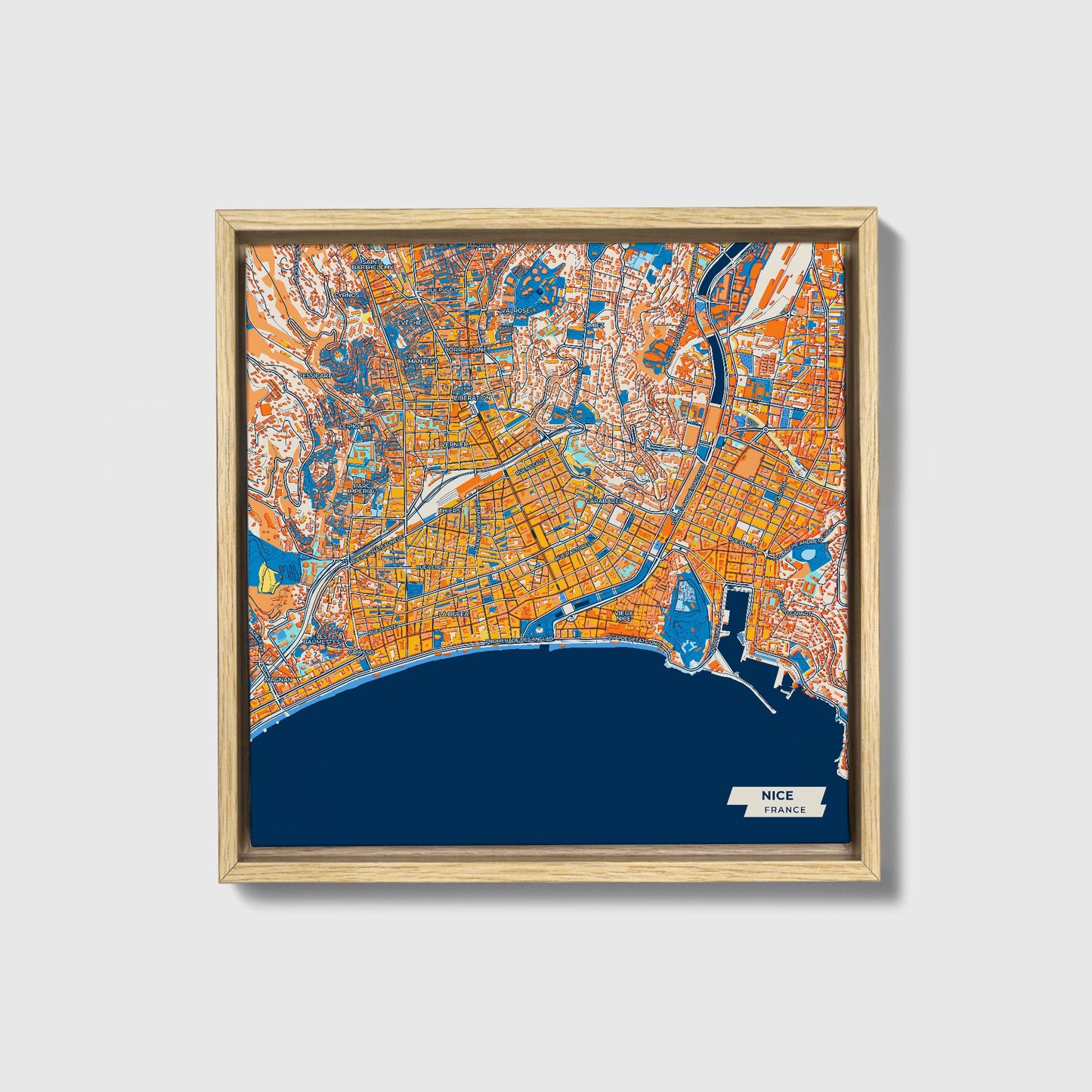 Nice France Colorful City Map Canvas Print • Natural Wooden Framed