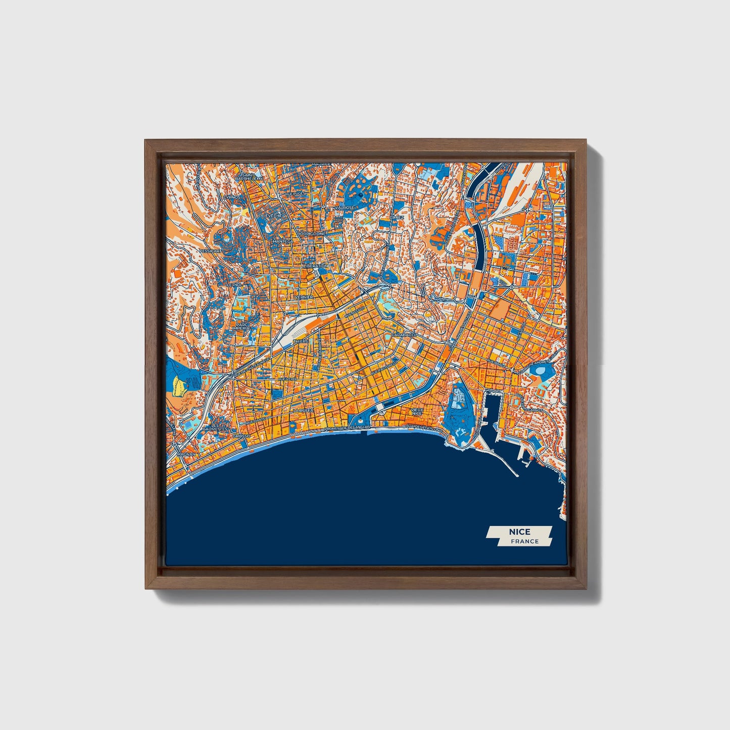 Nice France Colorful City Map Canvas Print • Dark Wooden Framed