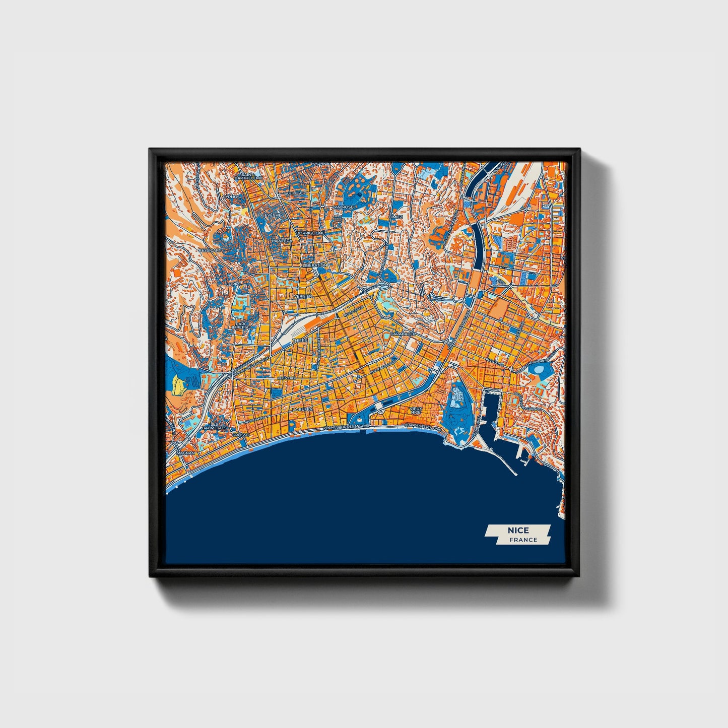 Nice France Colorful City Map Canvas Print • Black Framed