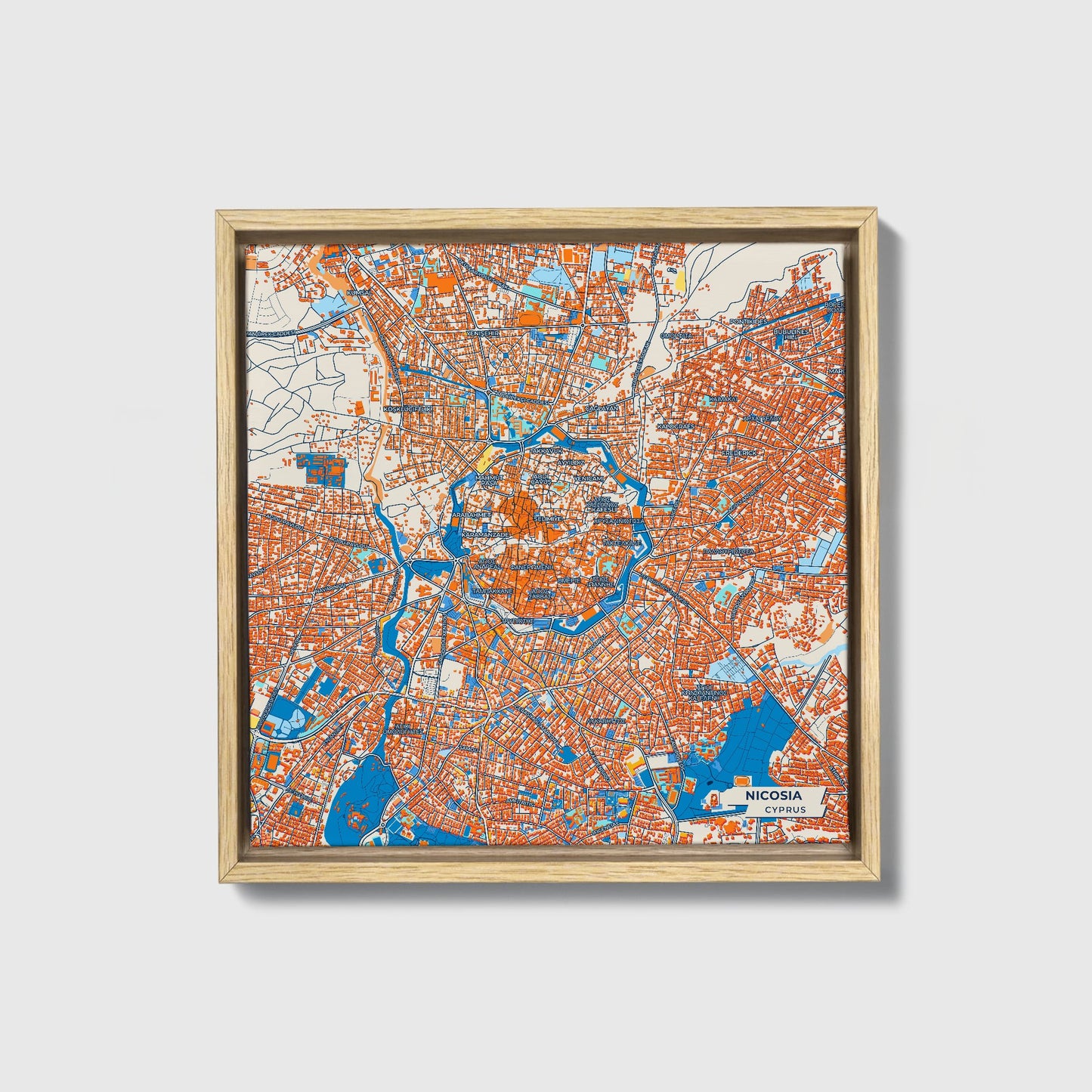 Nicosia   Cyprus Colorful City Map Canvas Print • Natural Wooden Framed