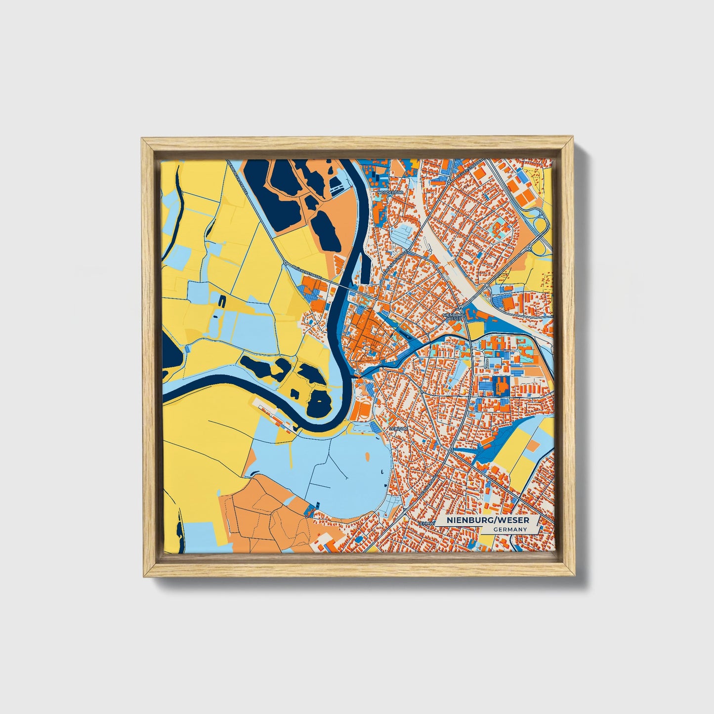Nienburg/Weser Germany Colorful City Map Canvas Print • Natural Wooden Framed