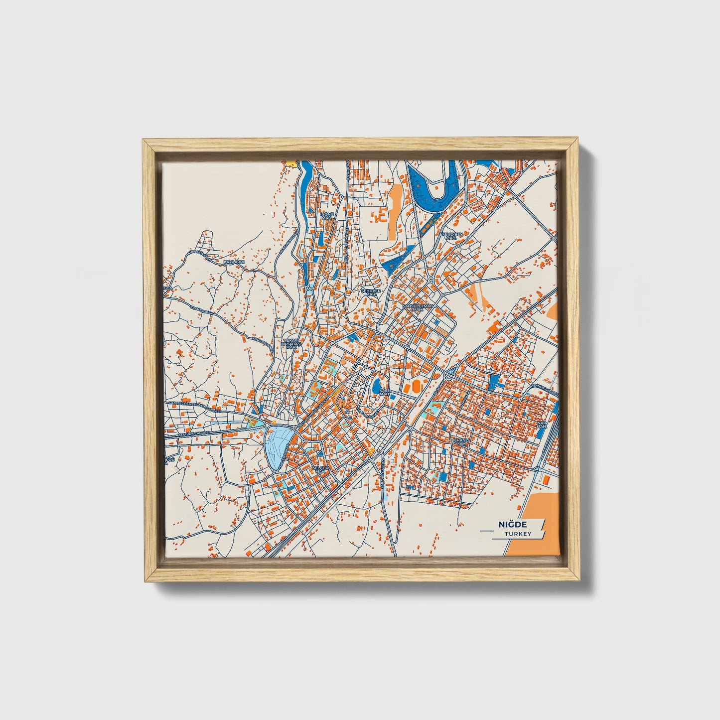 Ni̇ğde Turkey Colorful City Map Canvas Print • Natural Wooden Framed