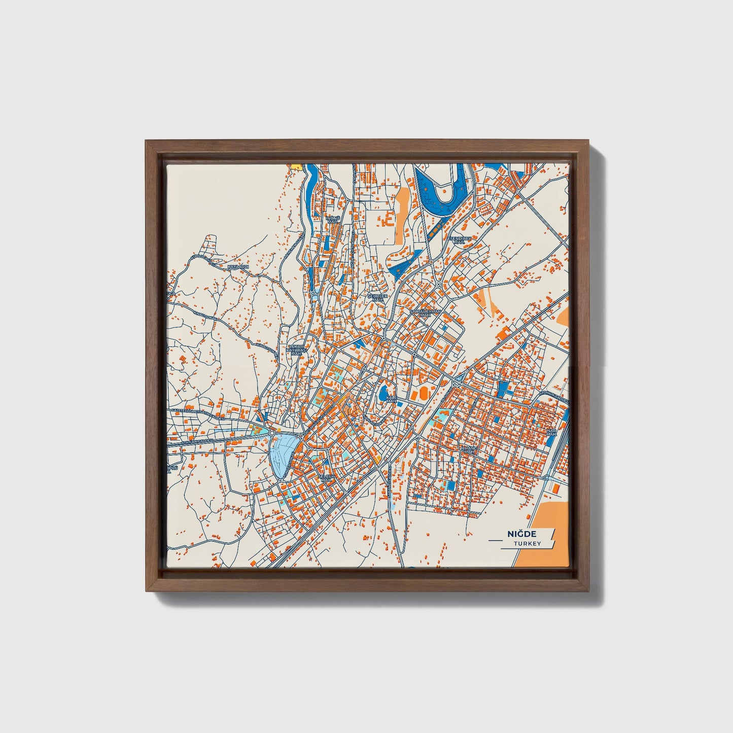 Ni̇ğde Turkey Colorful City Map Canvas Print • Dark Wooden Framed
