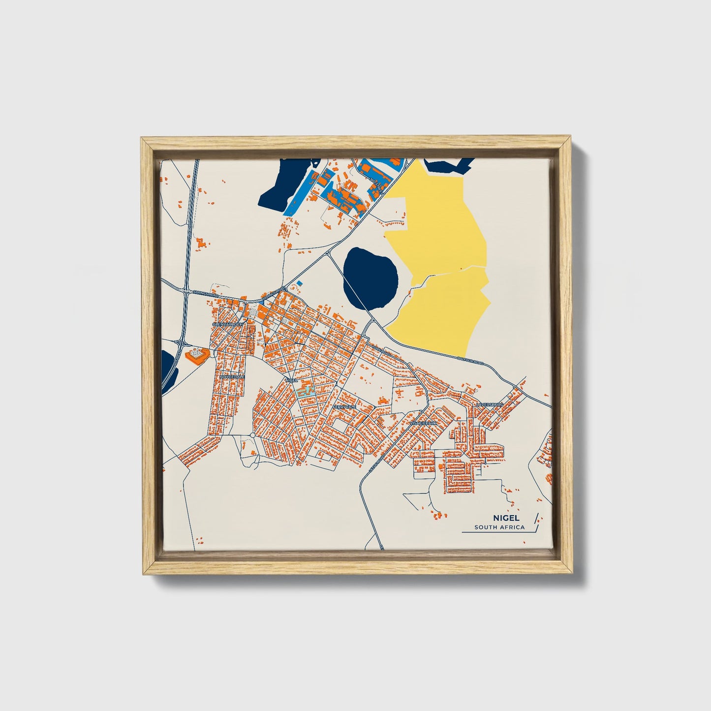 Nigel South Africa Colorful City Map Canvas Print • Natural Wooden Framed