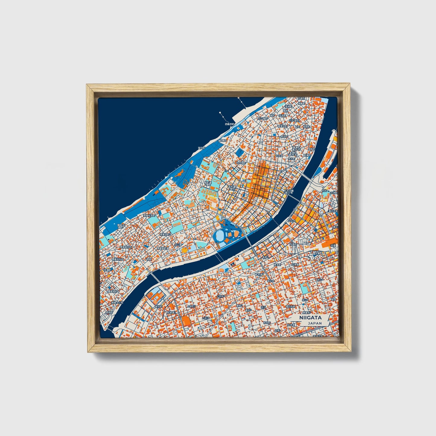 Niigata Japan Colorful City Map Canvas Print • Natural Wooden Framed