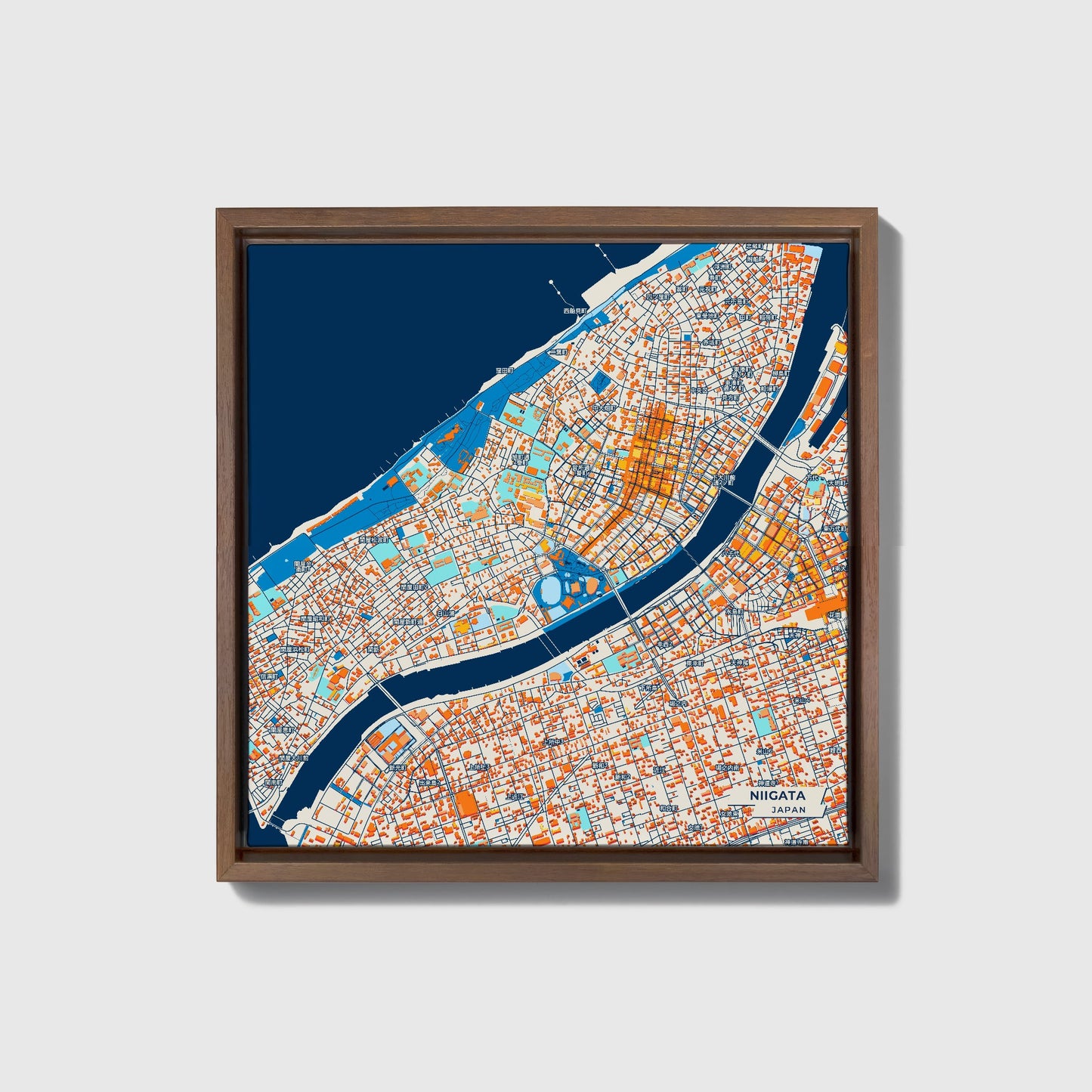 Niigata Japan Colorful City Map Canvas Print • Dark Wooden Framed
