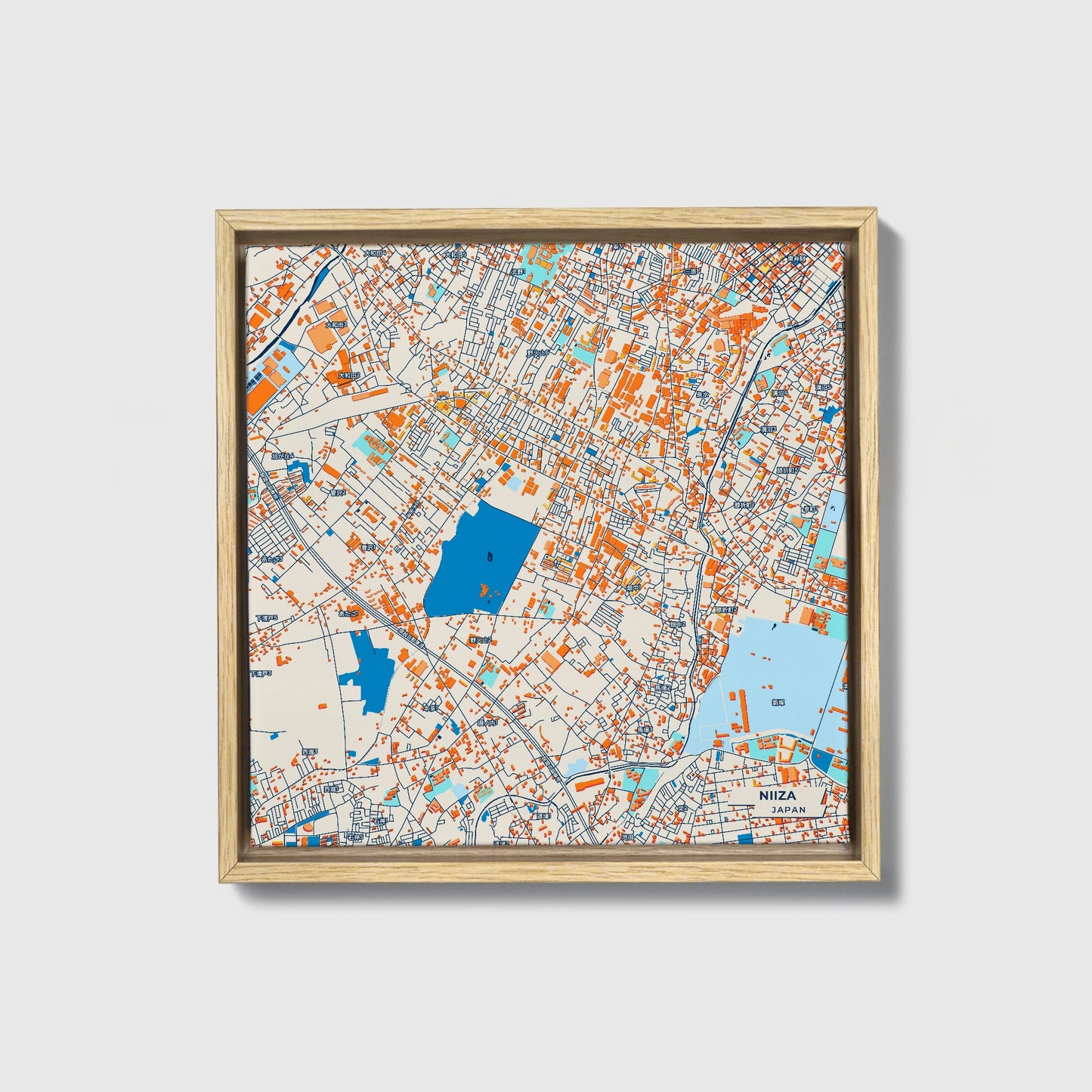 Niiza Japan Colorful City Map Canvas Print • Natural Wooden Framed