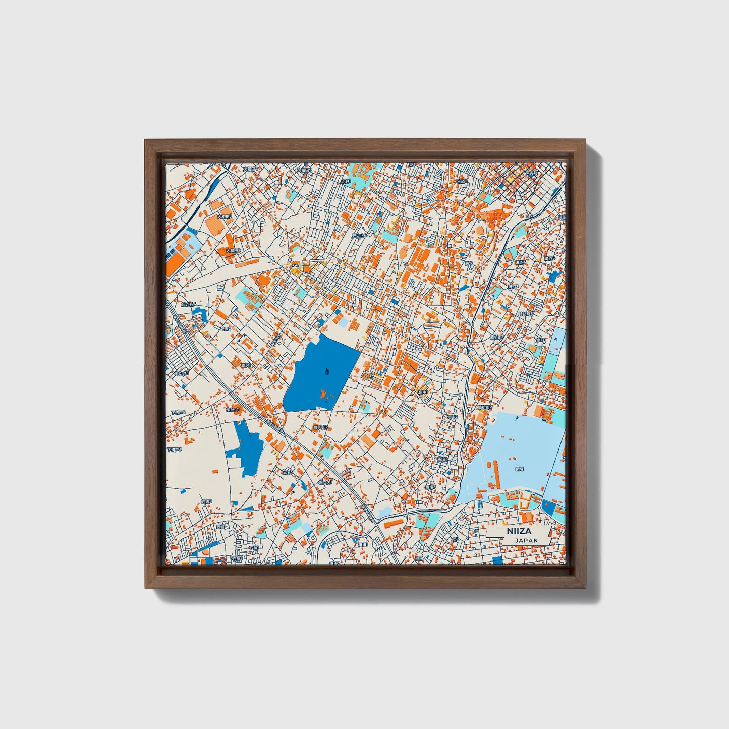 Niiza Japan Colorful City Map Canvas Print • Dark Wooden Framed