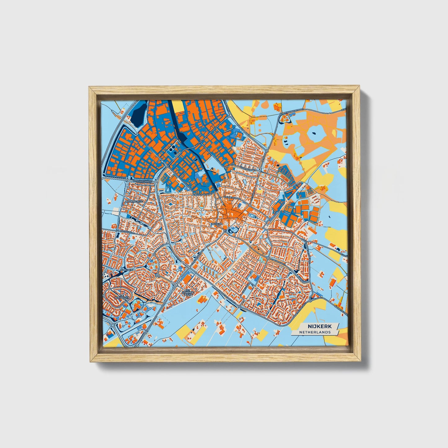 Nijkerk Netherlands Colorful City Map Canvas Print • Natural Wooden Framed