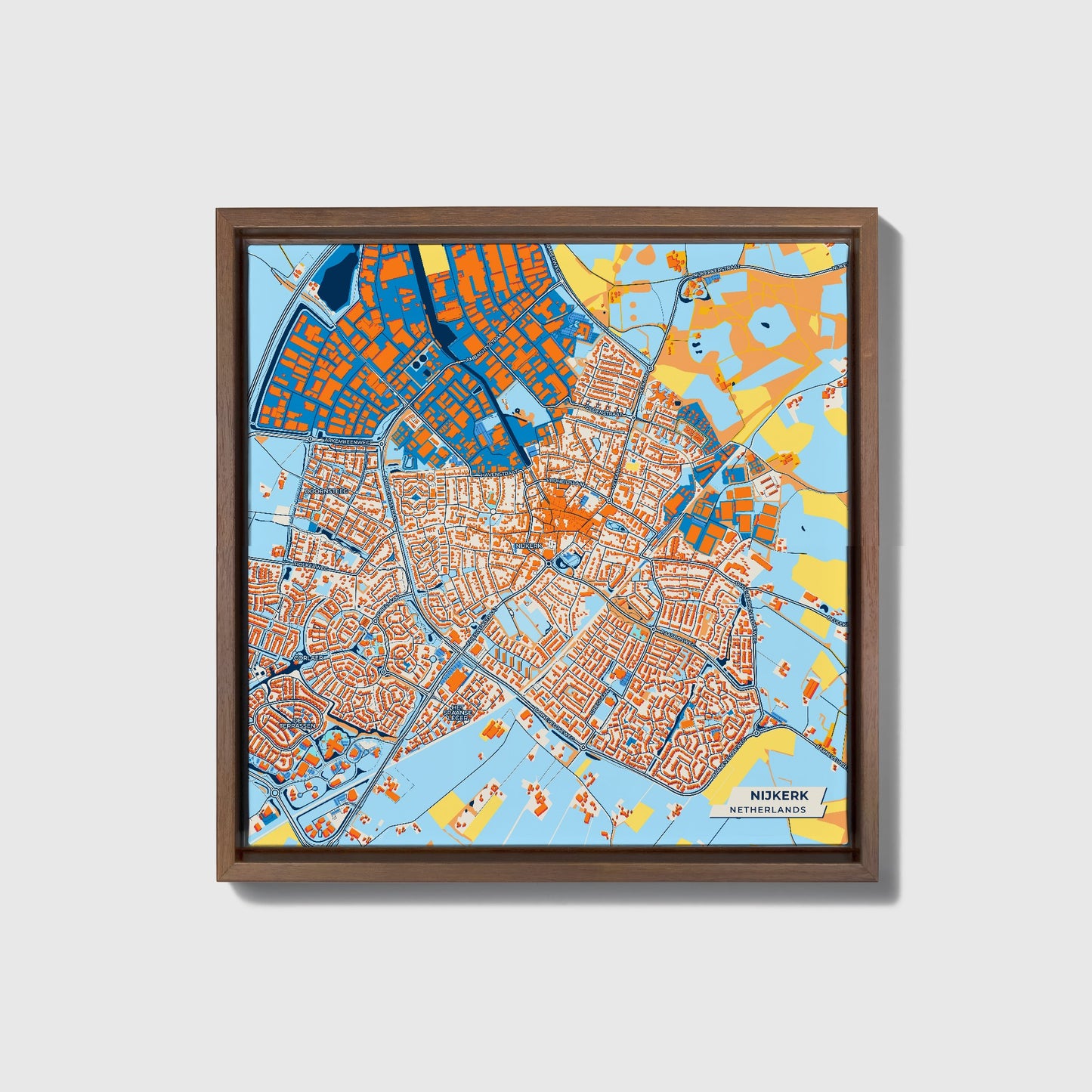 Nijkerk Netherlands Colorful City Map Canvas Print • Dark Wooden Framed