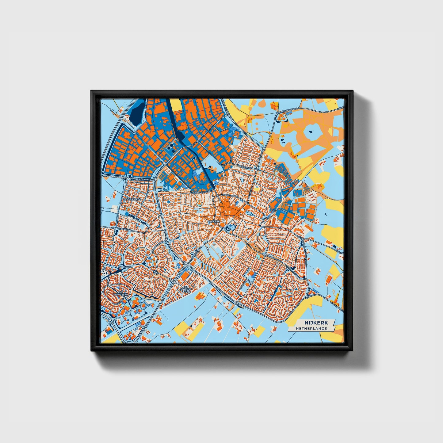 Nijkerk Netherlands Colorful City Map Canvas Print • Black Framed