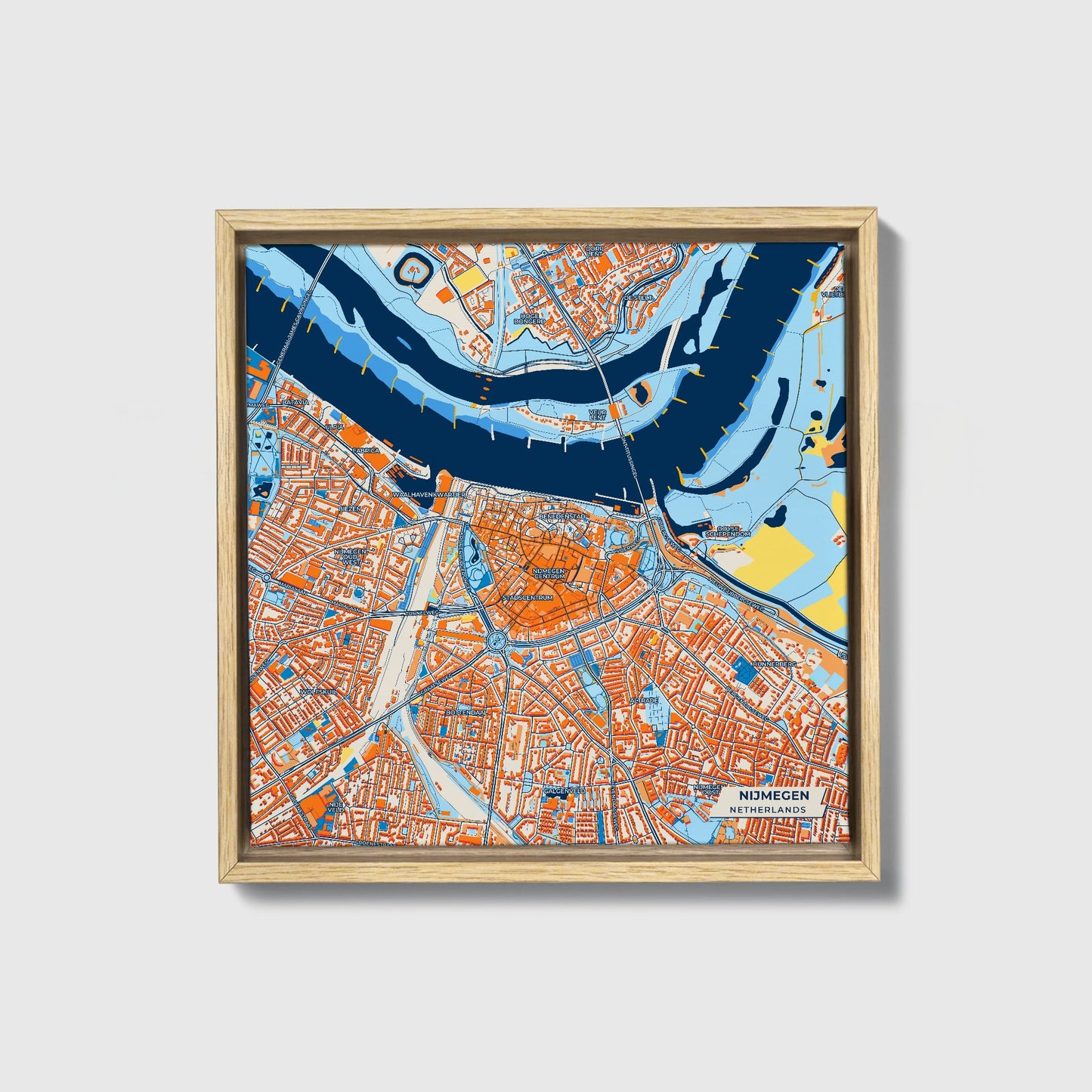 Nijmegen Netherlands Colorful City Map Canvas Print • Natural Wooden Framed