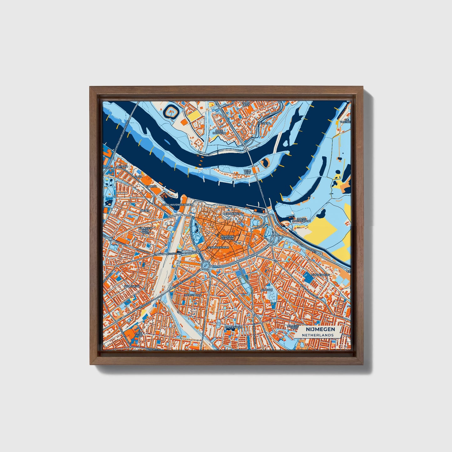 Nijmegen Netherlands Colorful City Map Canvas Print • Dark Wooden Framed