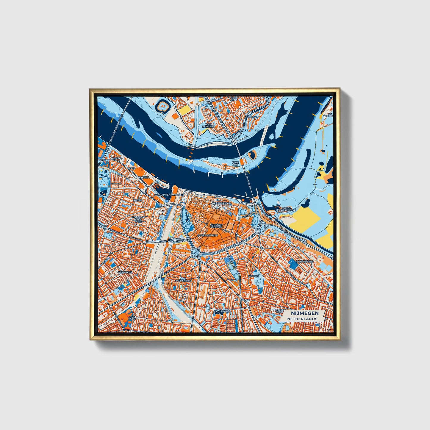 Nijmegen Netherlands Colorful City Map Canvas Print • Gold Framed