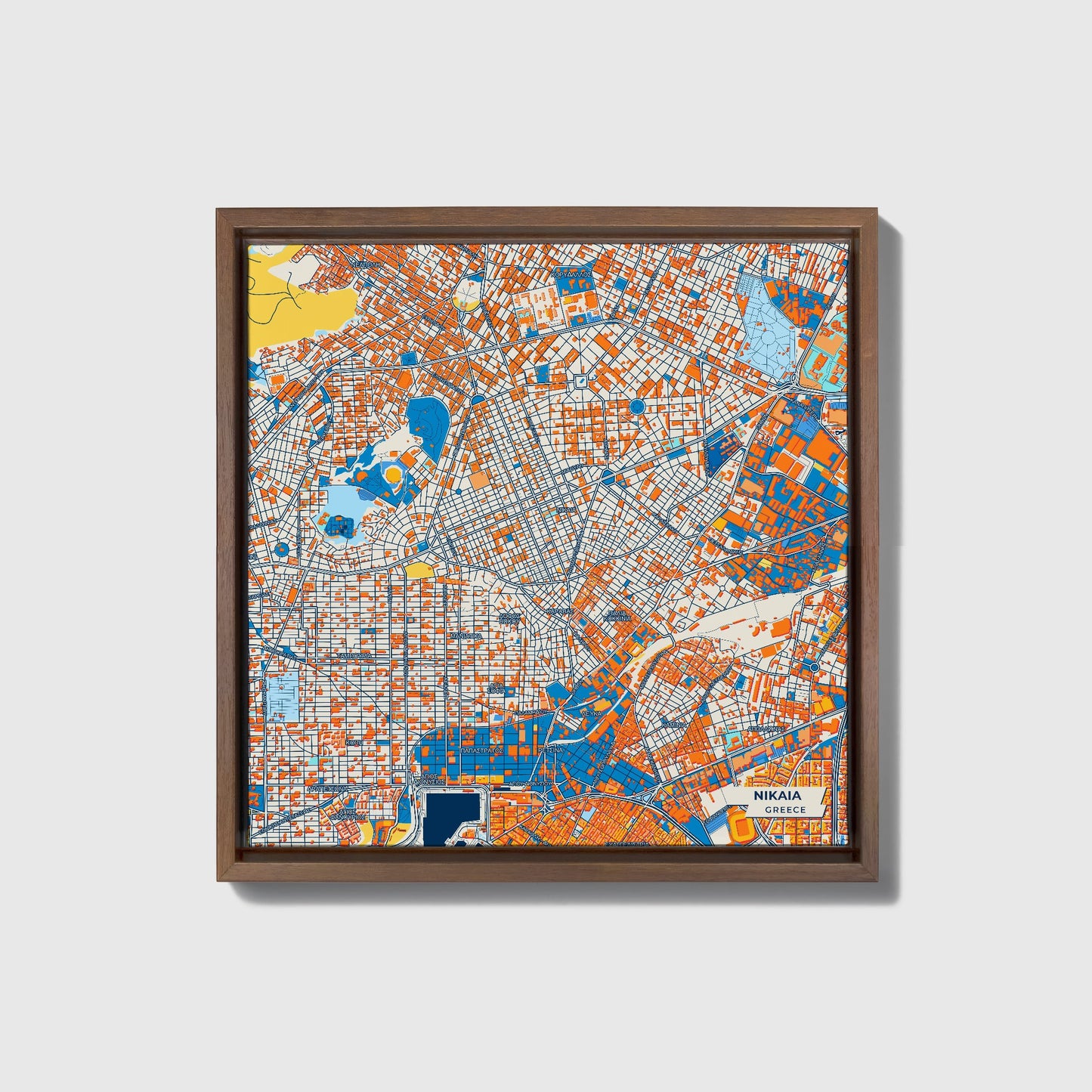 Νικαια Greece Colorful City Map Canvas Print • Dark Wooden Framed