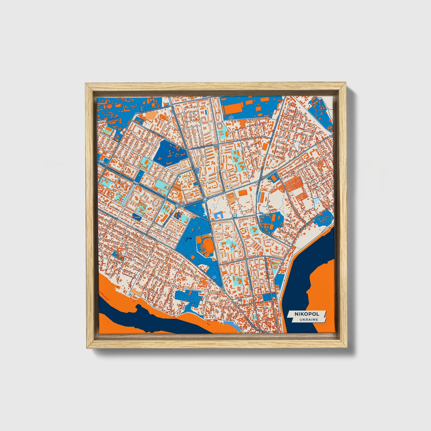 Нікопол Ukraine Colorful City Map Canvas Print • Natural Wooden Framed