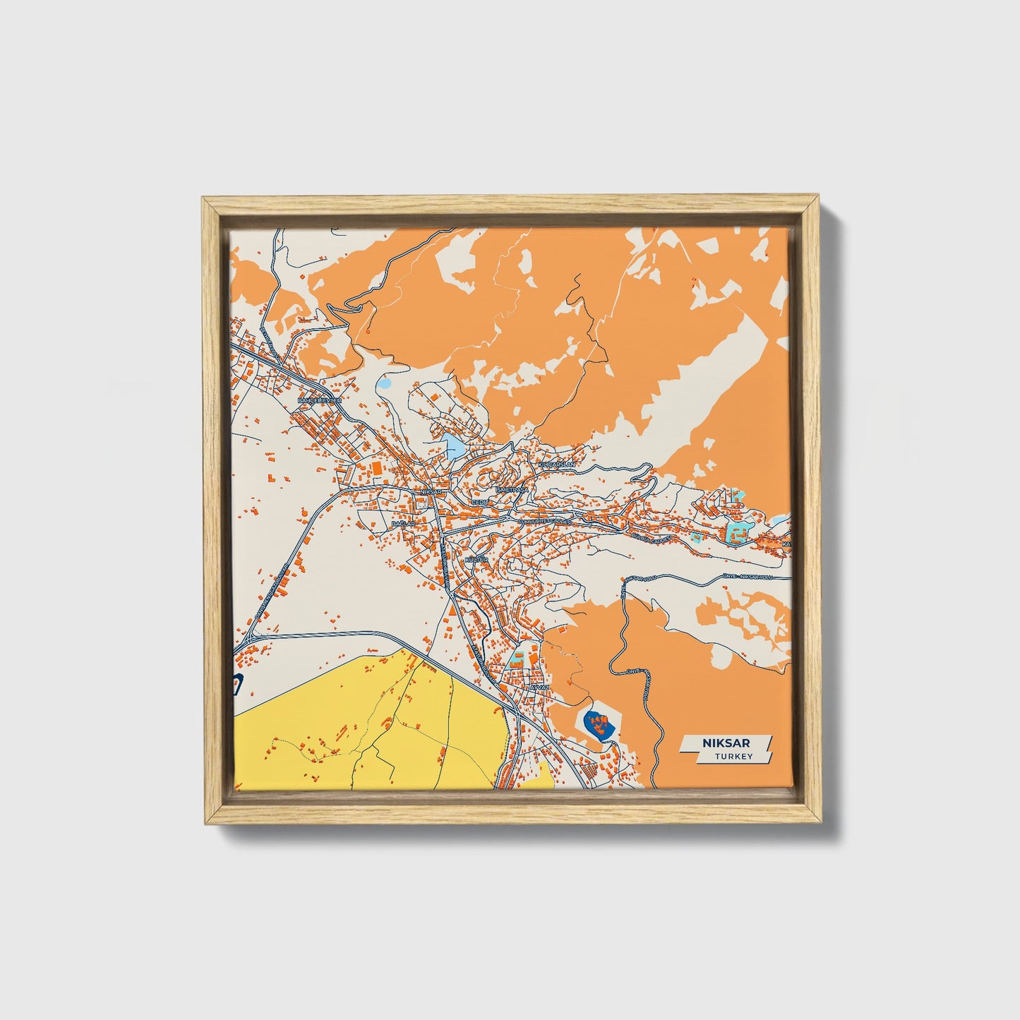 Ni̇ksar Turkey Colorful City Map Canvas Print • Natural Wooden Framed