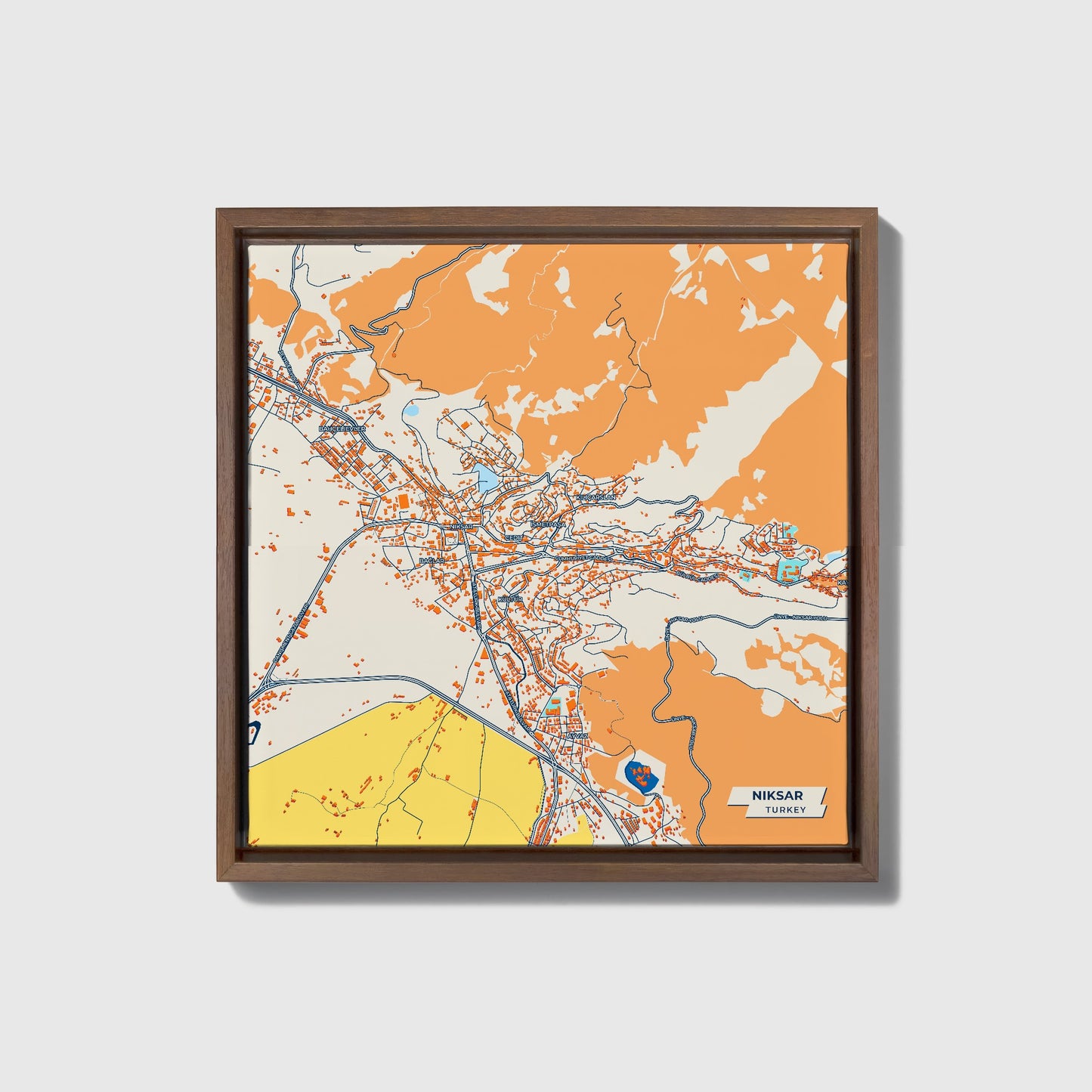 Ni̇ksar Turkey Colorful City Map Canvas Print • Dark Wooden Framed