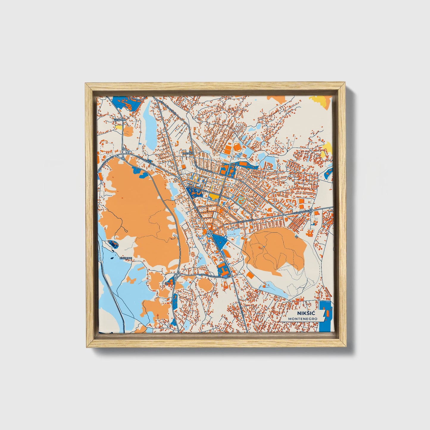 Nikšić Montenegro Colorful City Map Canvas Print • Natural Wooden Framed