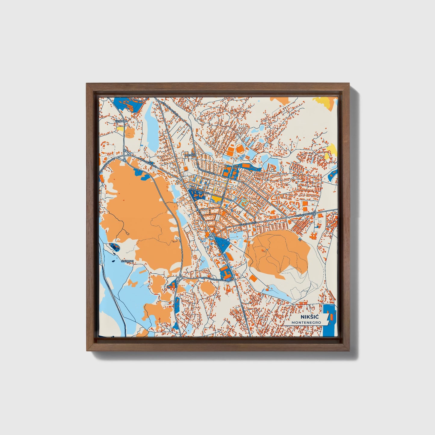 Nikšić Montenegro Colorful City Map Canvas Print • Dark Wooden Framed