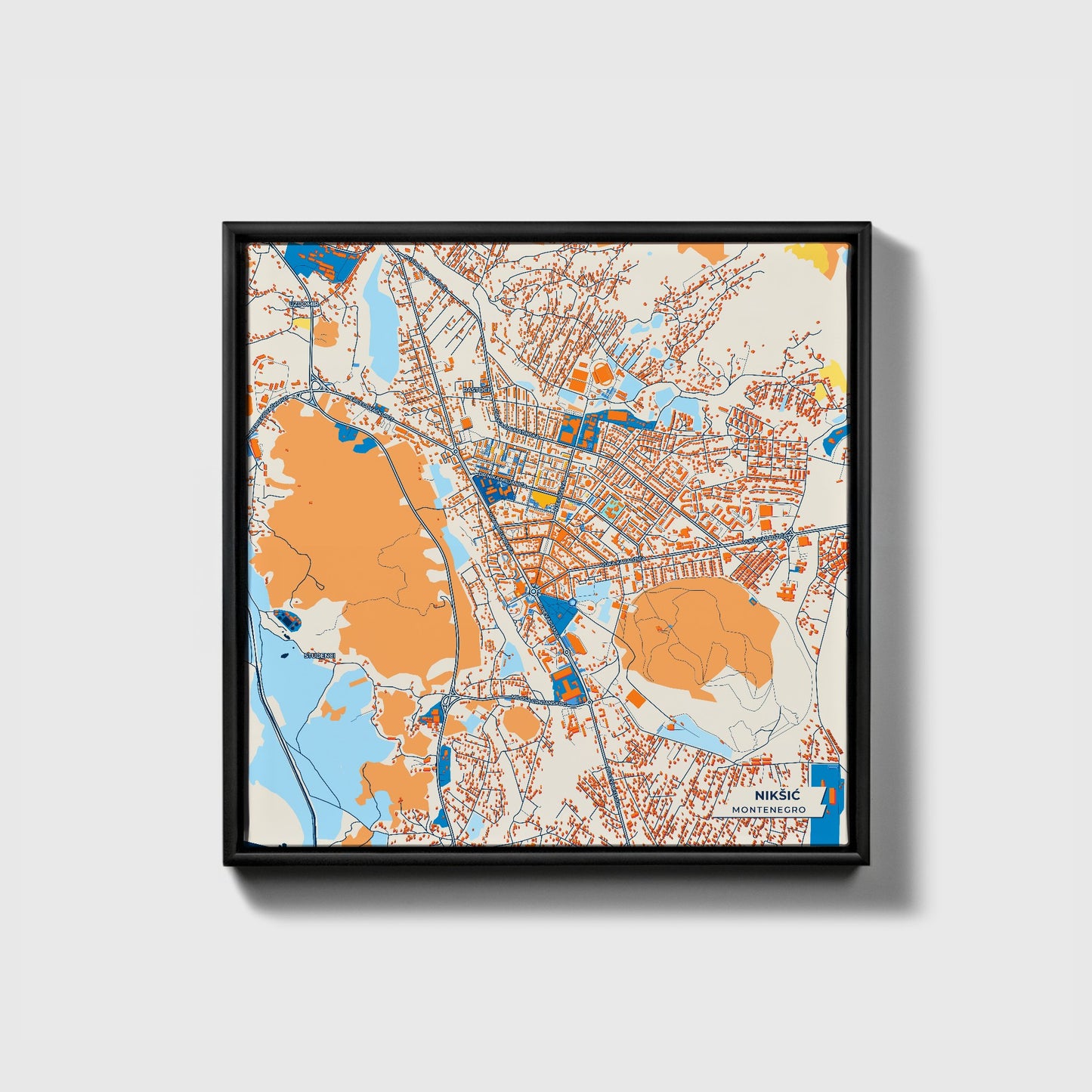 Nikšić Montenegro Colorful City Map Canvas Print • Black Framed
