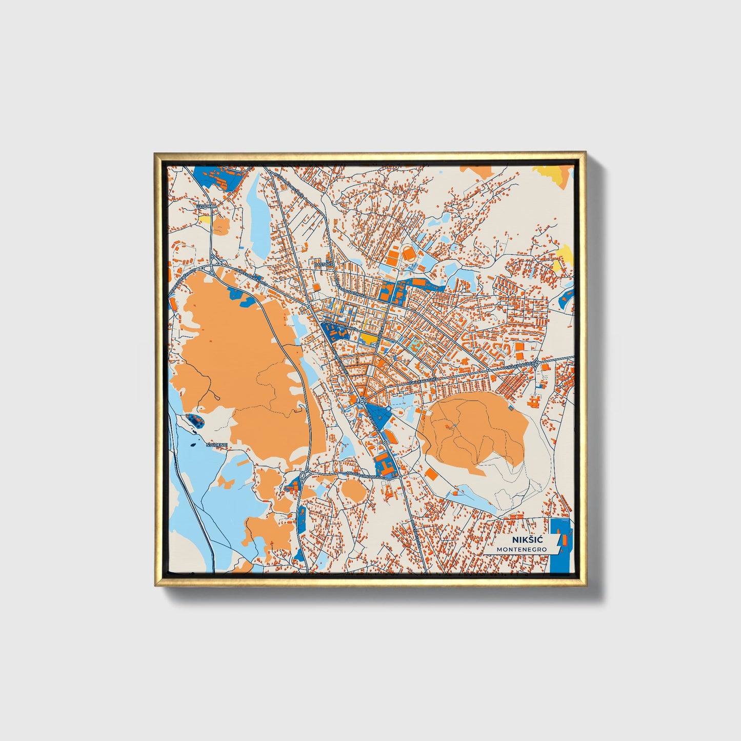 Nikšić Montenegro Colorful City Map Canvas Print • Gold Framed