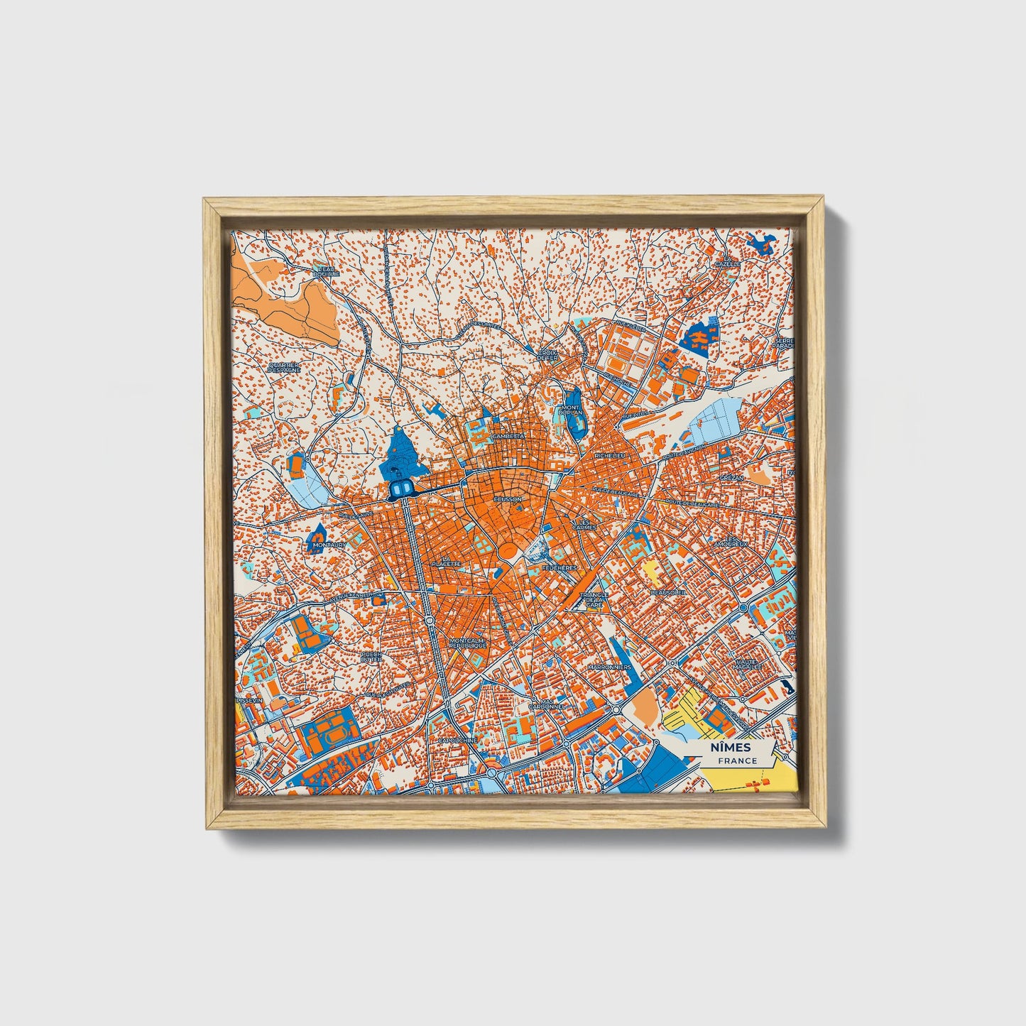 Nîmes France Colorful City Map Canvas Print • Natural Wooden Framed