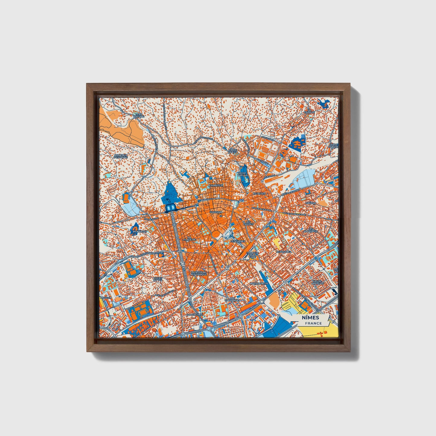 Nîmes France Colorful City Map Canvas Print • Dark Wooden Framed