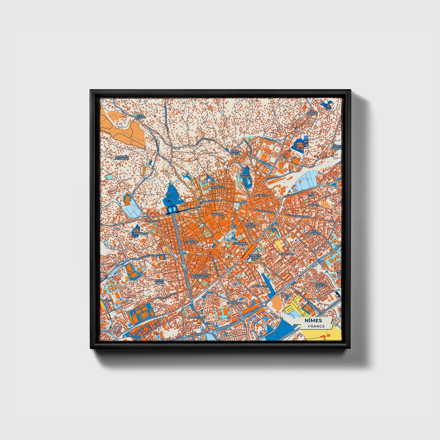 Nîmes France Colorful City Map Canvas Print • Black Framed