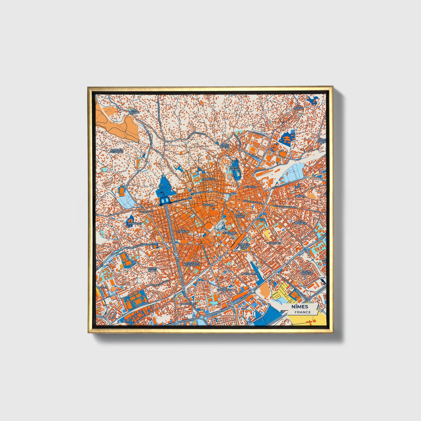 Nîmes France Colorful City Map Canvas Print • Gold Framed