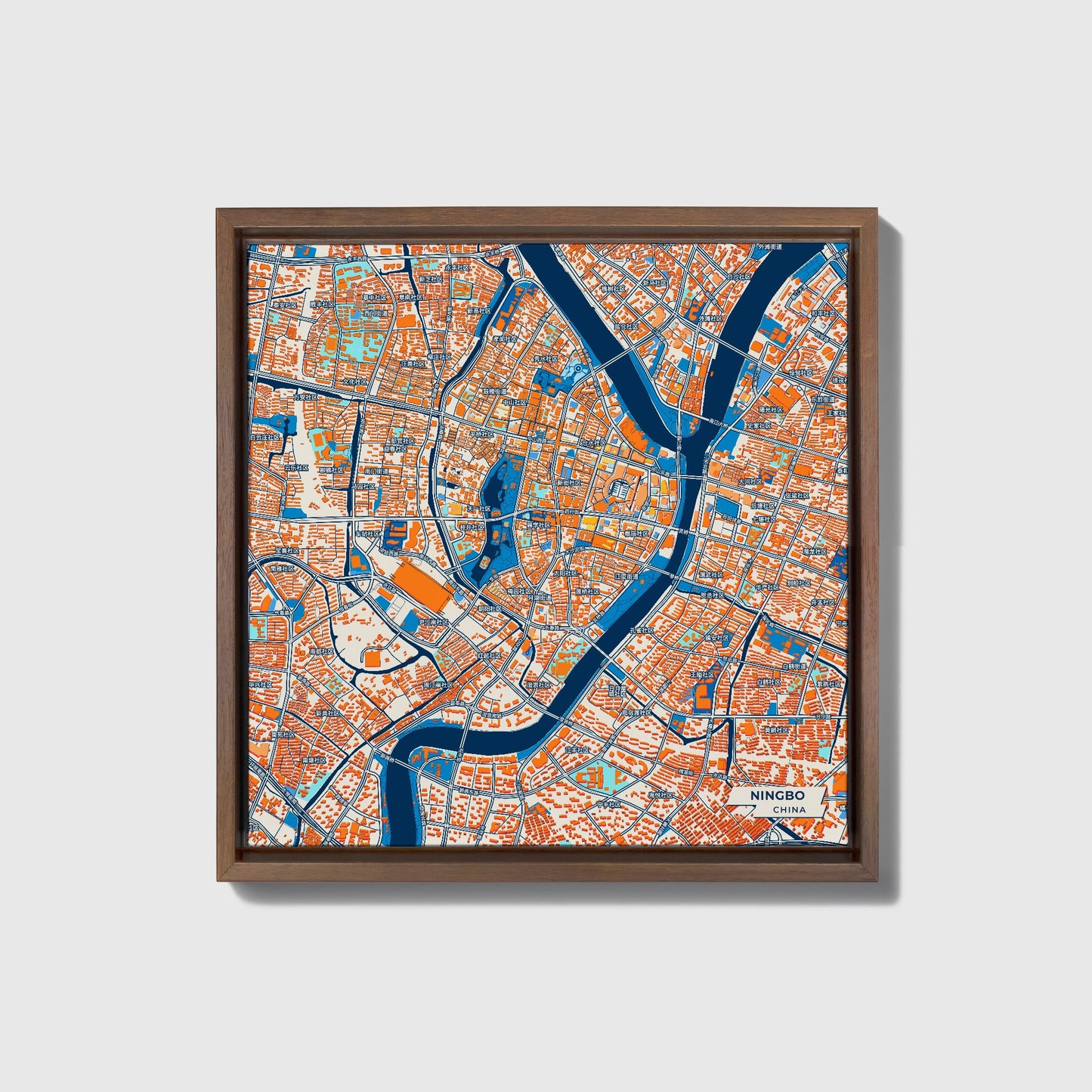 Ningbo China Colorful City Map Canvas Print • Dark Wooden Framed