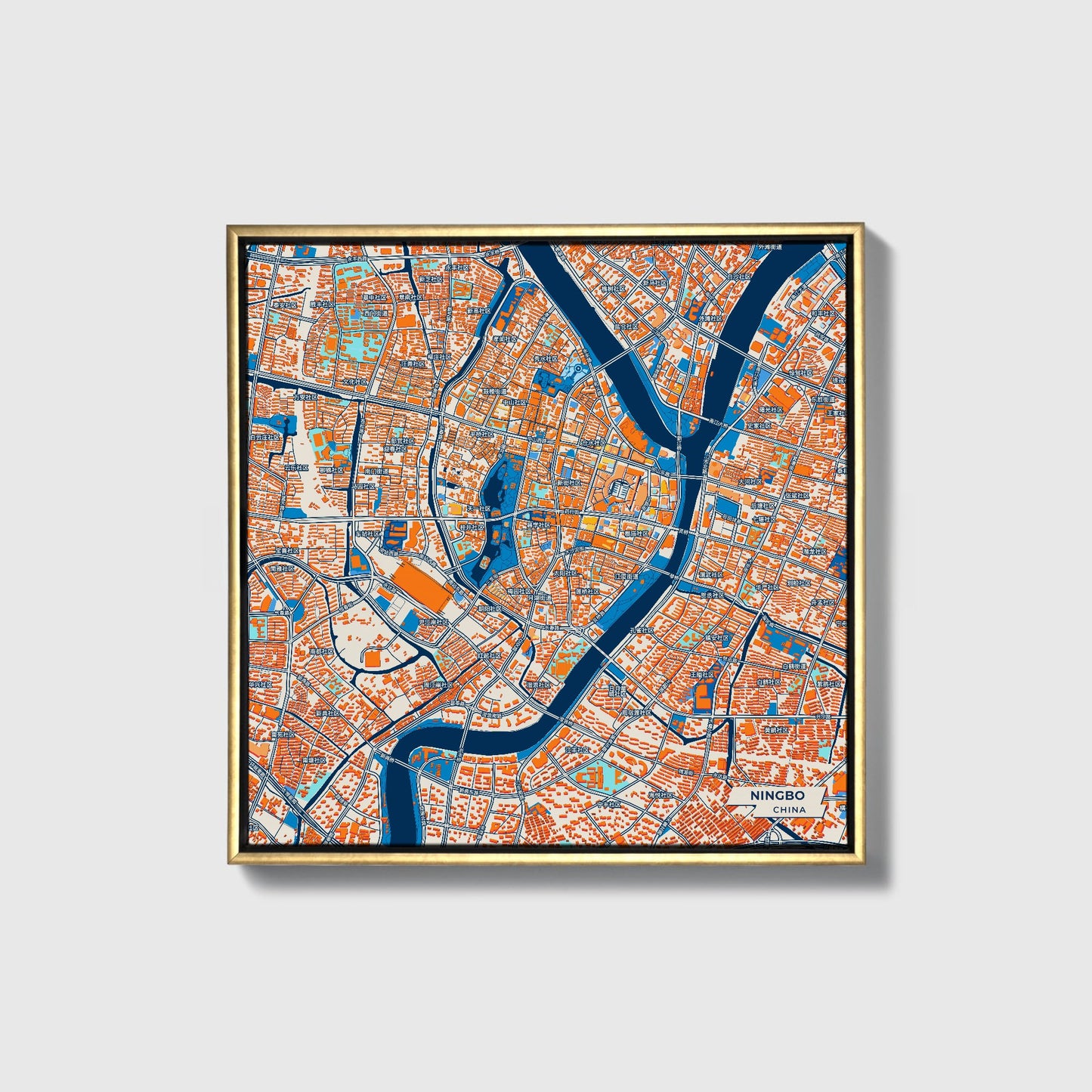 Ningbo China Colorful City Map Canvas Print • Gold Framed