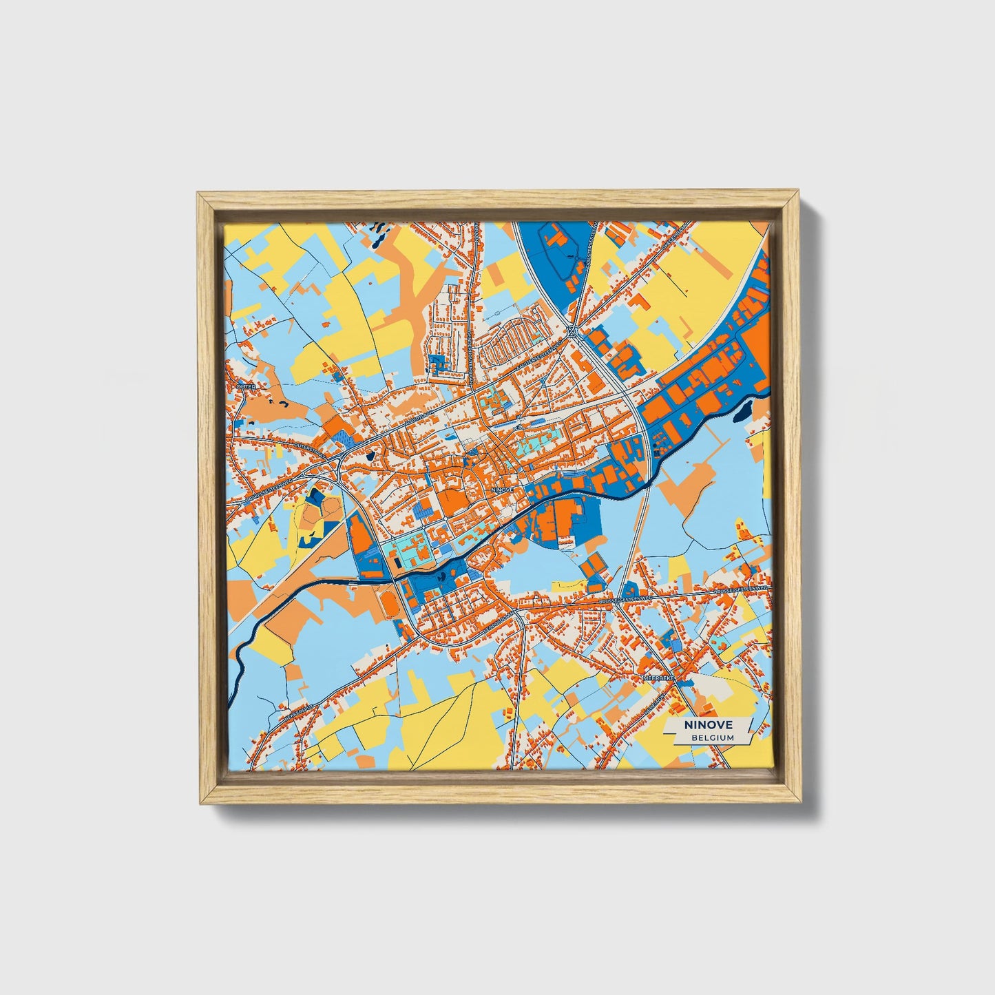 Ninove Belgium Colorful City Map Canvas Print • Natural Wooden Framed