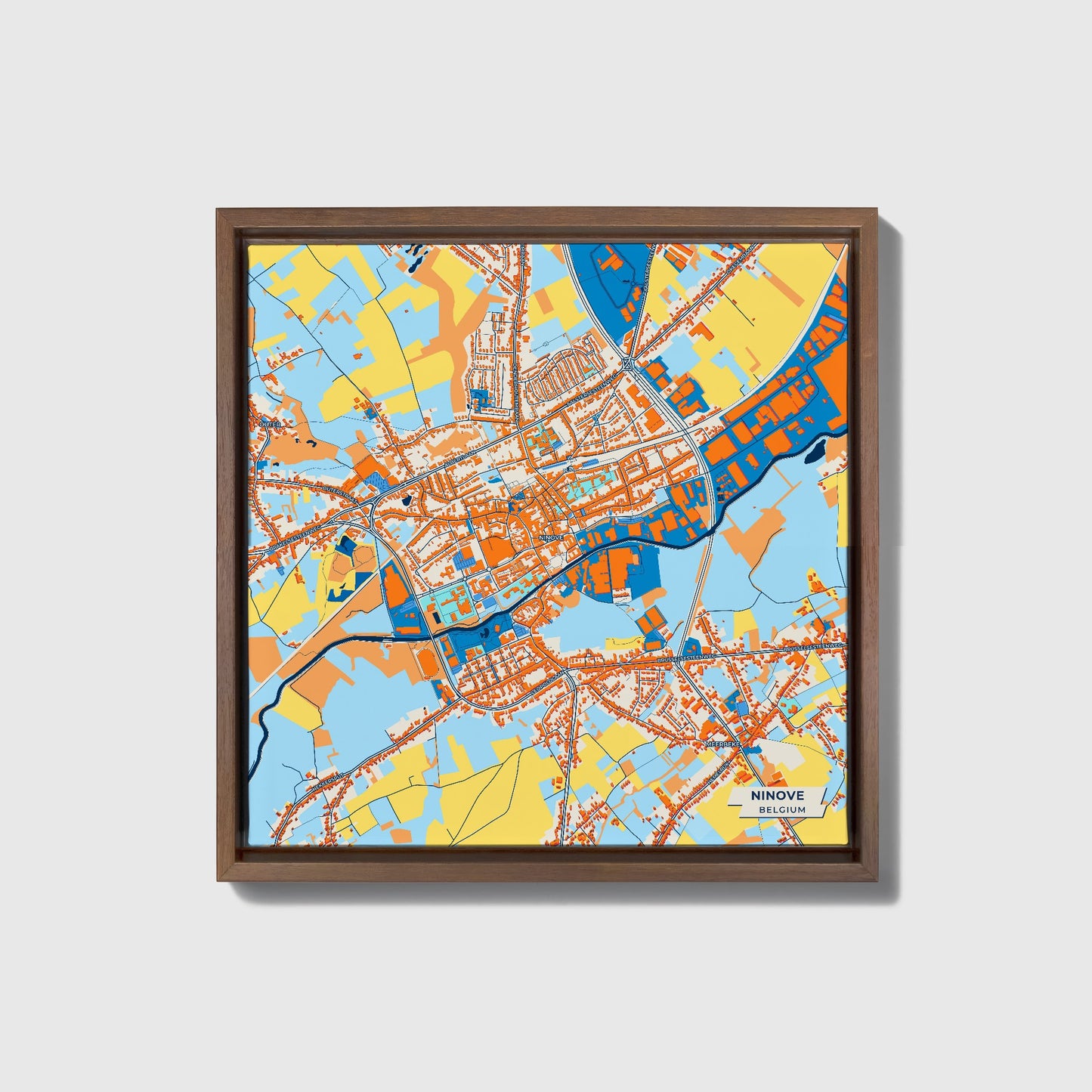 Ninove Belgium Colorful City Map Canvas Print • Dark Wooden Framed
