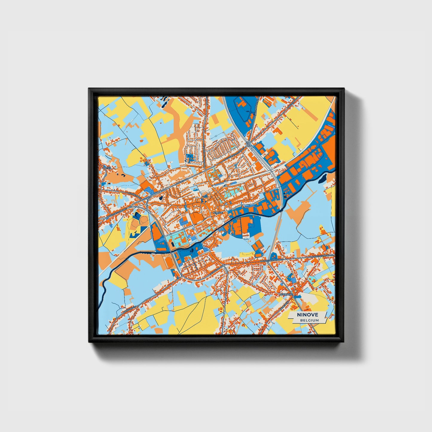 Ninove Belgium Colorful City Map Canvas Print • Black Framed