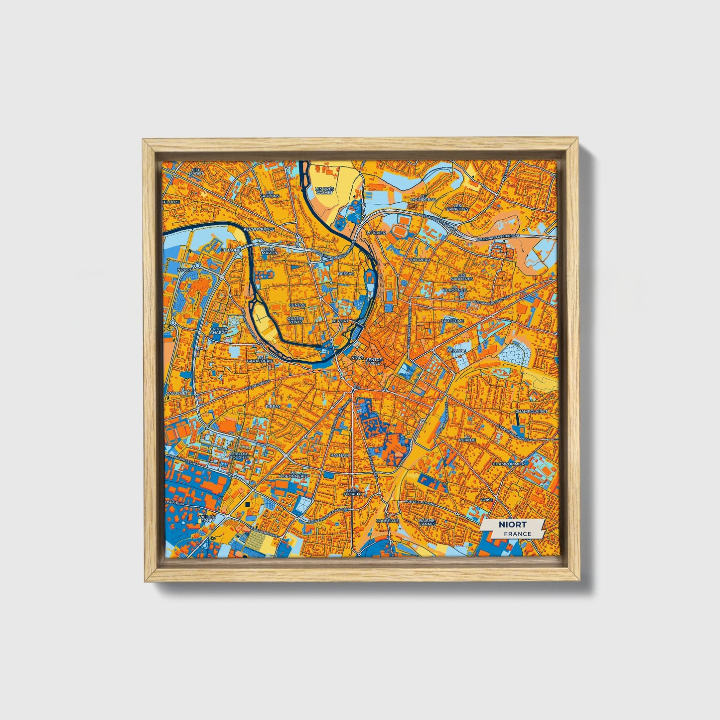 Niort France Colorful City Map Canvas Print • Natural Wooden Framed