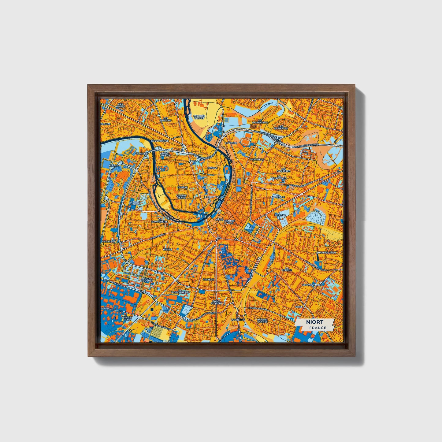 Niort France Colorful City Map Canvas Print • Dark Wooden Framed