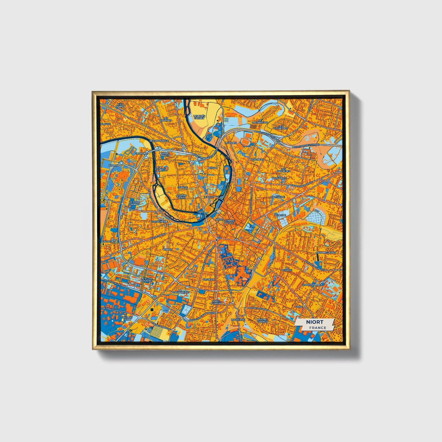 Niort France Colorful City Map Canvas Print • Gold Framed