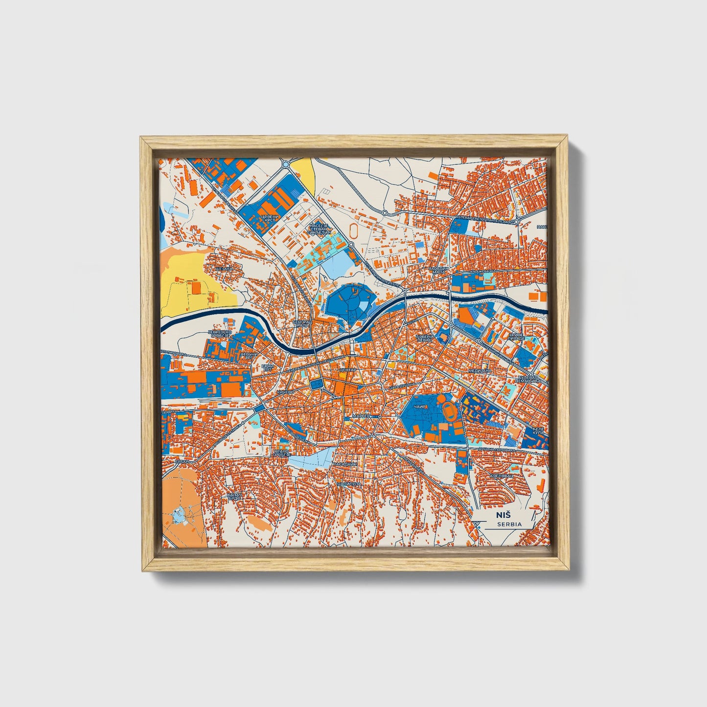 Ниш Serbia Colorful City Map Canvas Print • Natural Wooden Framed