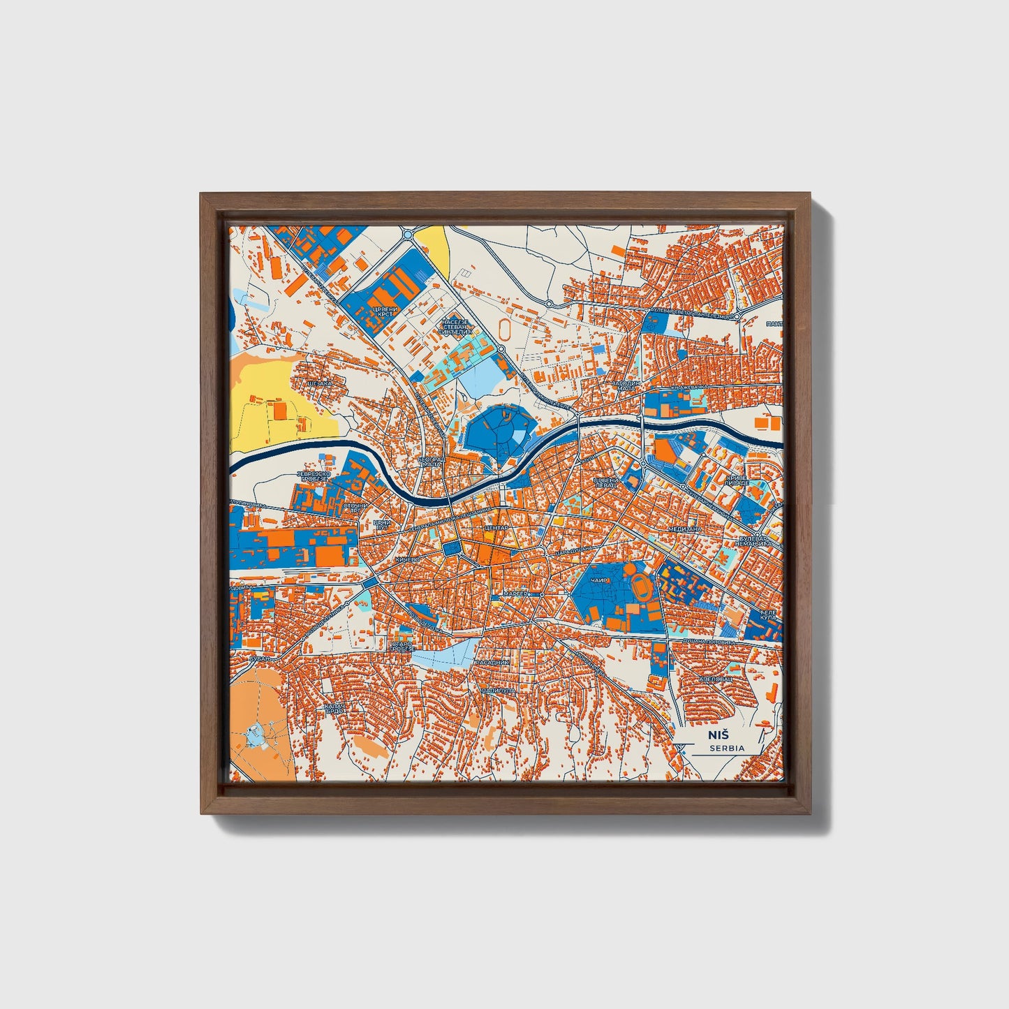 Ниш Serbia Colorful City Map Canvas Print • Dark Wooden Framed