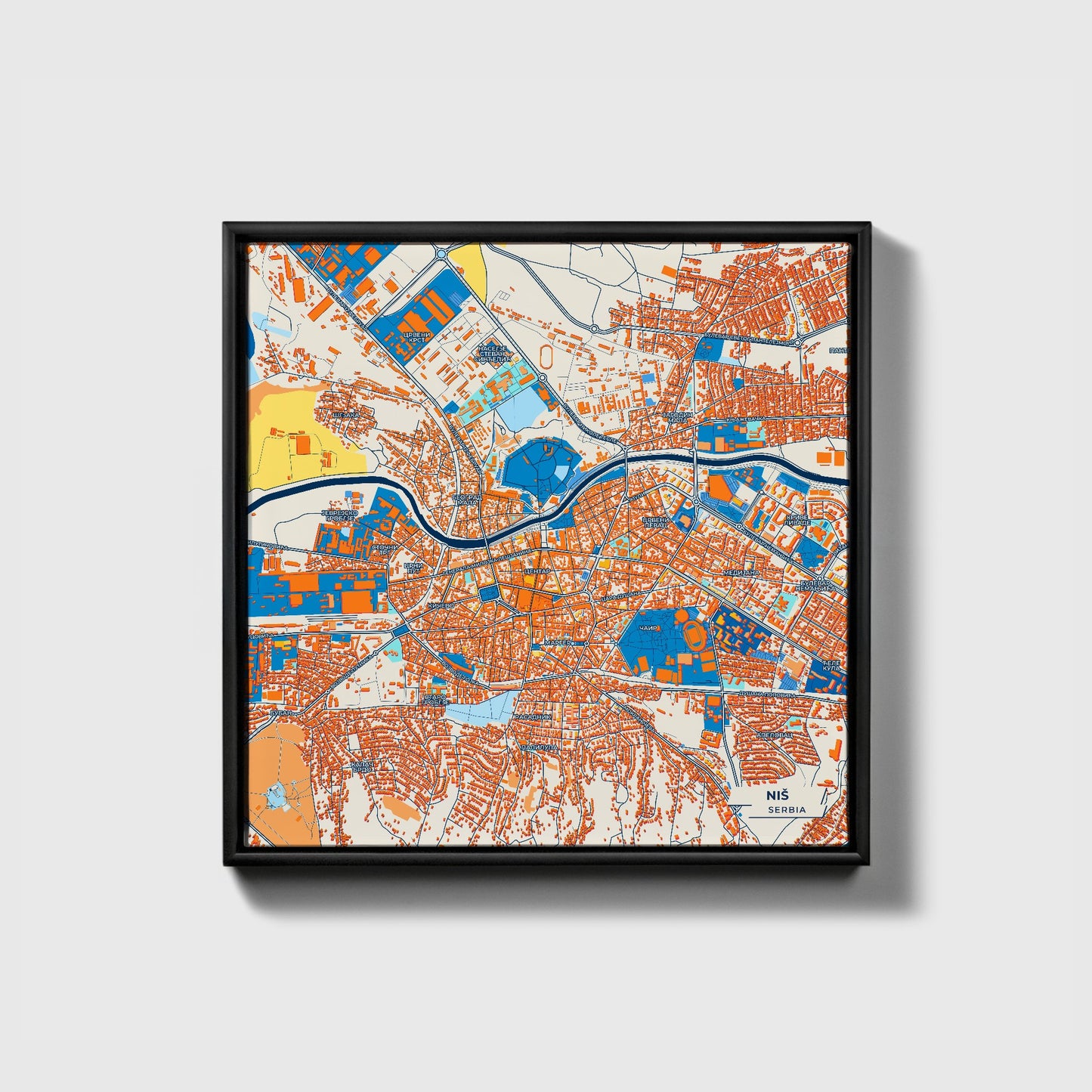 Ниш Serbia Colorful City Map Canvas Print • Black Framed