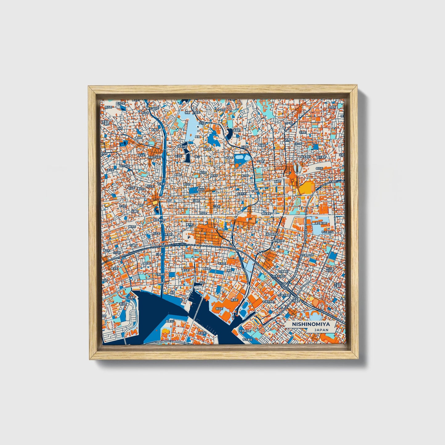 Nishinomiya Japan Colorful City Map Canvas Print • Natural Wooden Framed