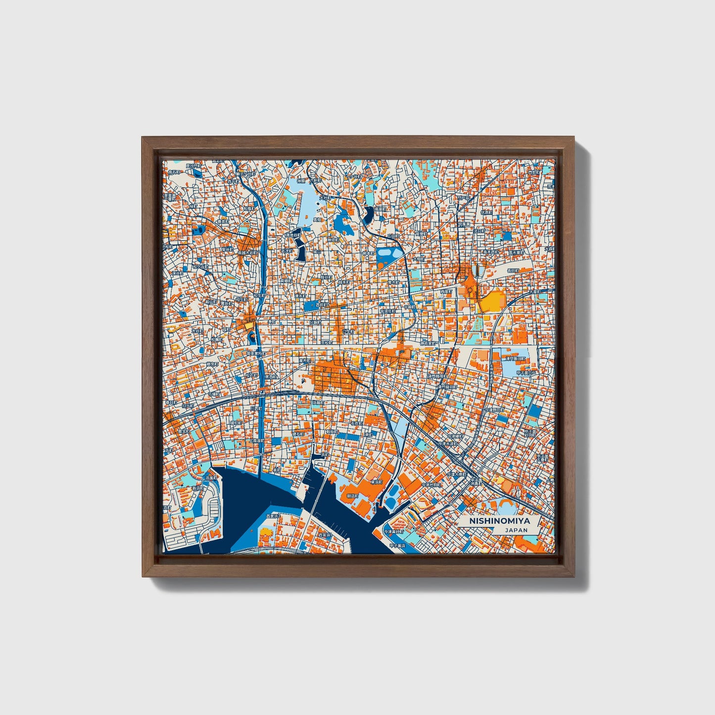 Nishinomiya Japan Colorful City Map Canvas Print • Dark Wooden Framed