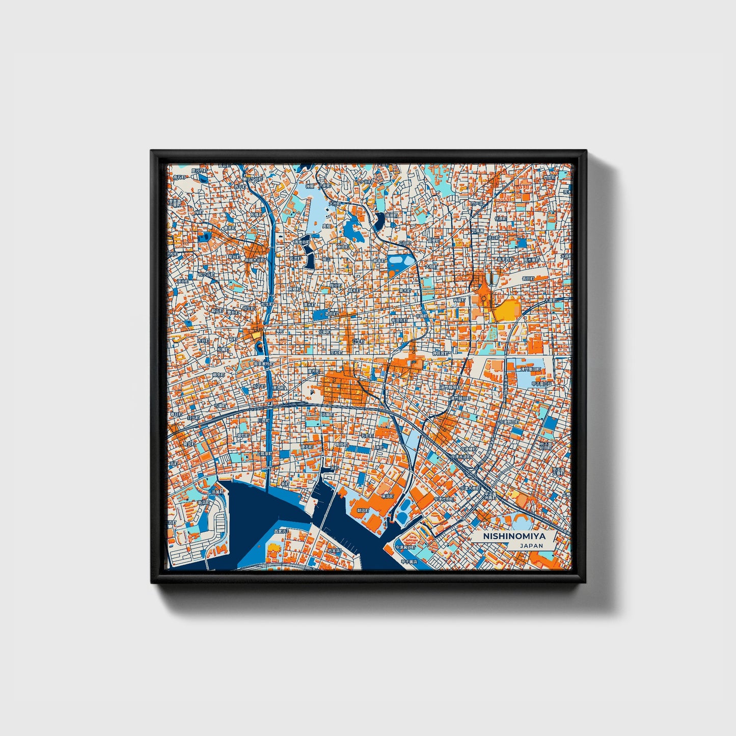 Nishinomiya Japan Colorful City Map Canvas Print • Black Framed