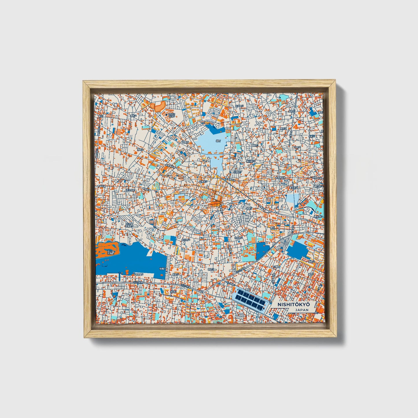 Nishitōkyō Japan Colorful City Map Canvas Print • Natural Wooden Framed