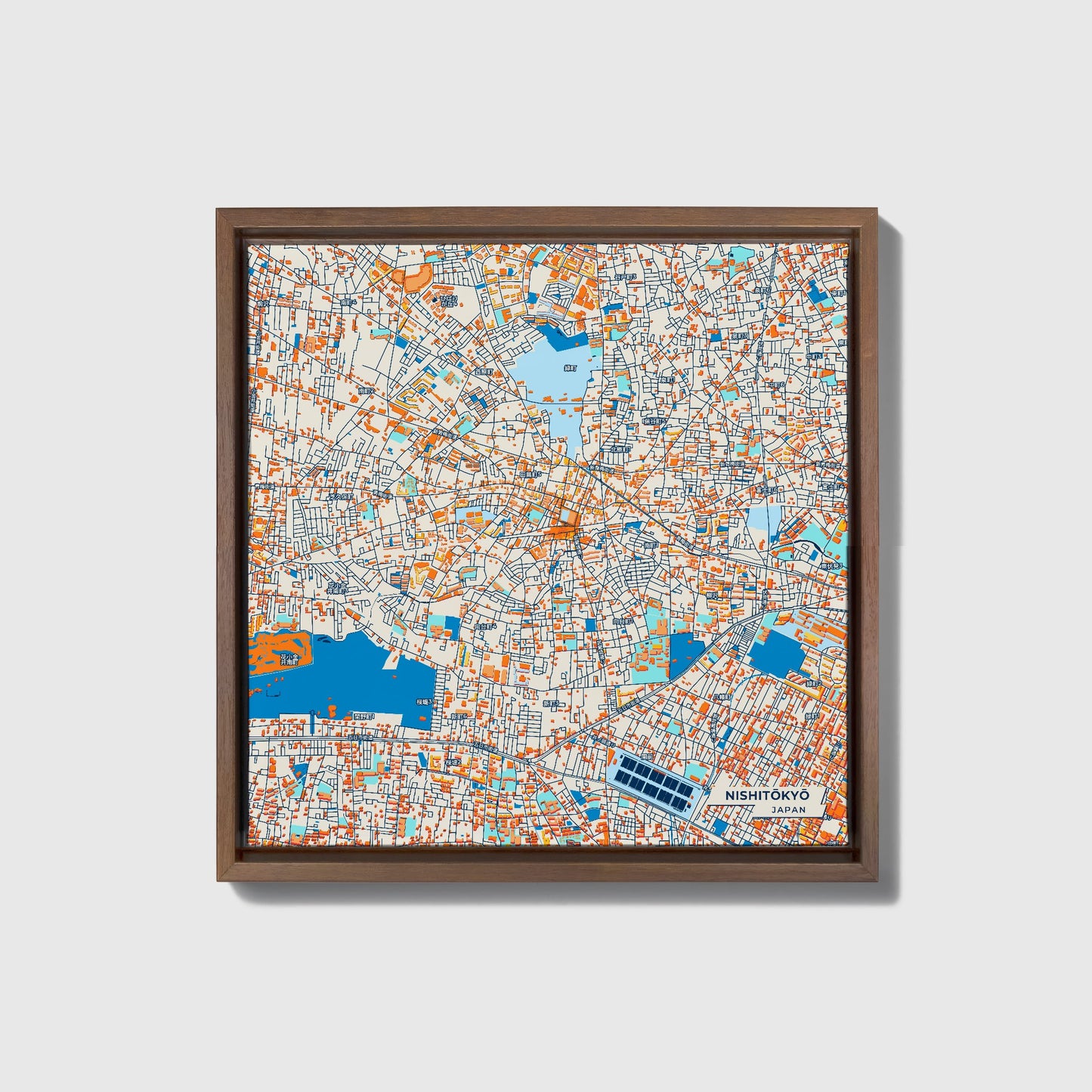 Nishitōkyō Japan Colorful City Map Canvas Print • Dark Wooden Framed