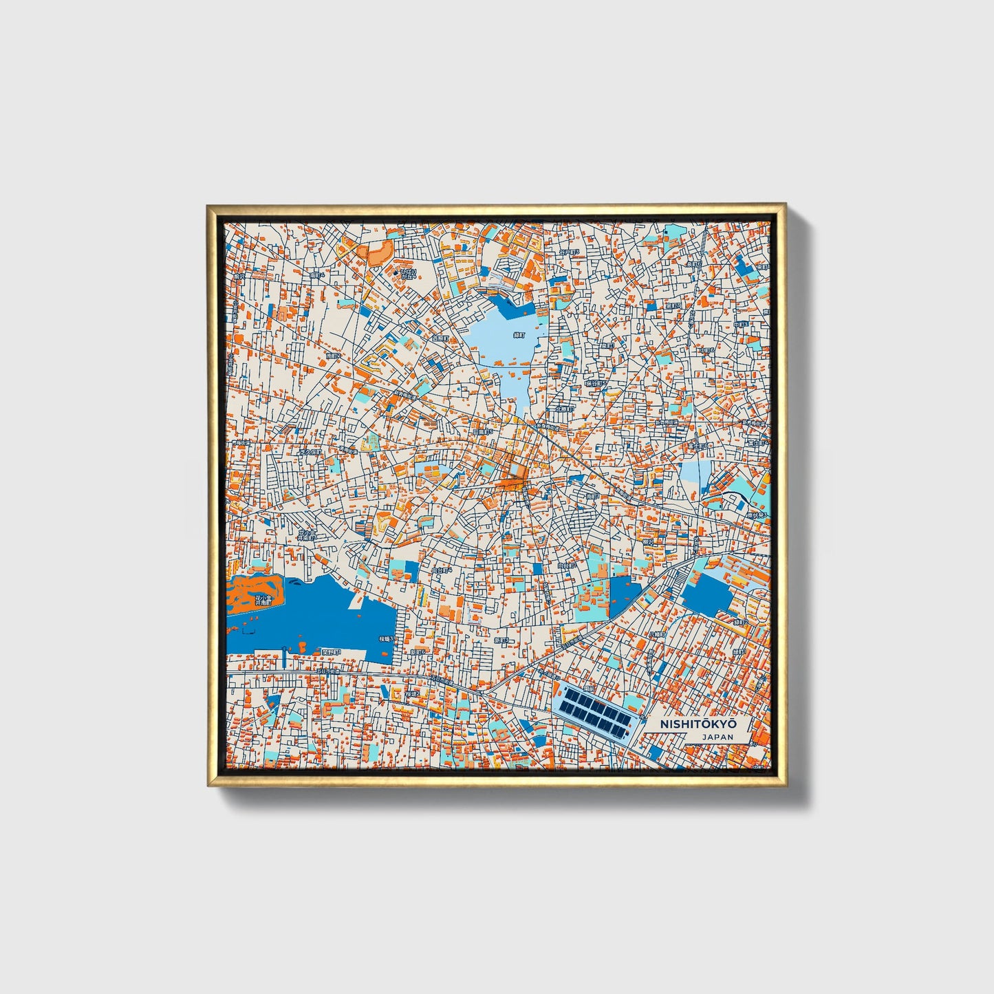 Nishitōkyō Japan Colorful City Map Canvas Print • Gold Framed