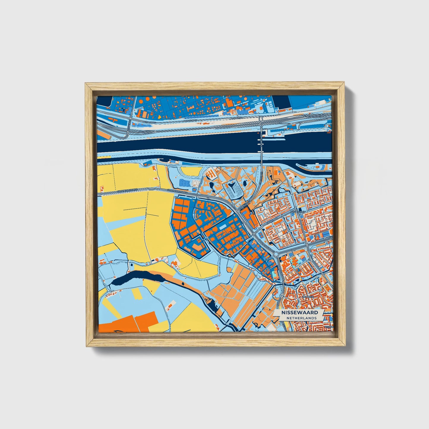 Nissewaard Netherlands Colorful City Map Canvas Print • Natural Wooden Framed